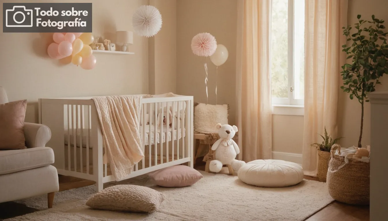 Cuarto de baño con colores pasteles suaves y ropa de beige de felpa, baby lounging en un pliegue en los regazos rodeado de afectuosos miembros de la familia sosteniendo globos a mano flotando ligeramente bajo el ventilador del techo, cálida luz solar natural fluyendo a través de cortinas de vajilla en una escena íntima de nuevos padres que anhelan su bebé envuelto snugly contra el clima frío.