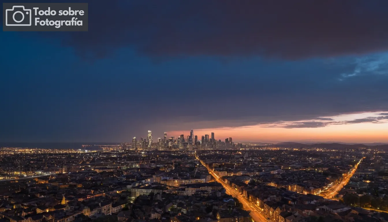 Paisaje urbano de contraste oscuro y brillante en crepúsculo, gradación de luz sutil, tema de fondo bien expuesto, capas de skyline bien mezcladas en HDR, reflejos equilibrados y sombras, colores naturalistas