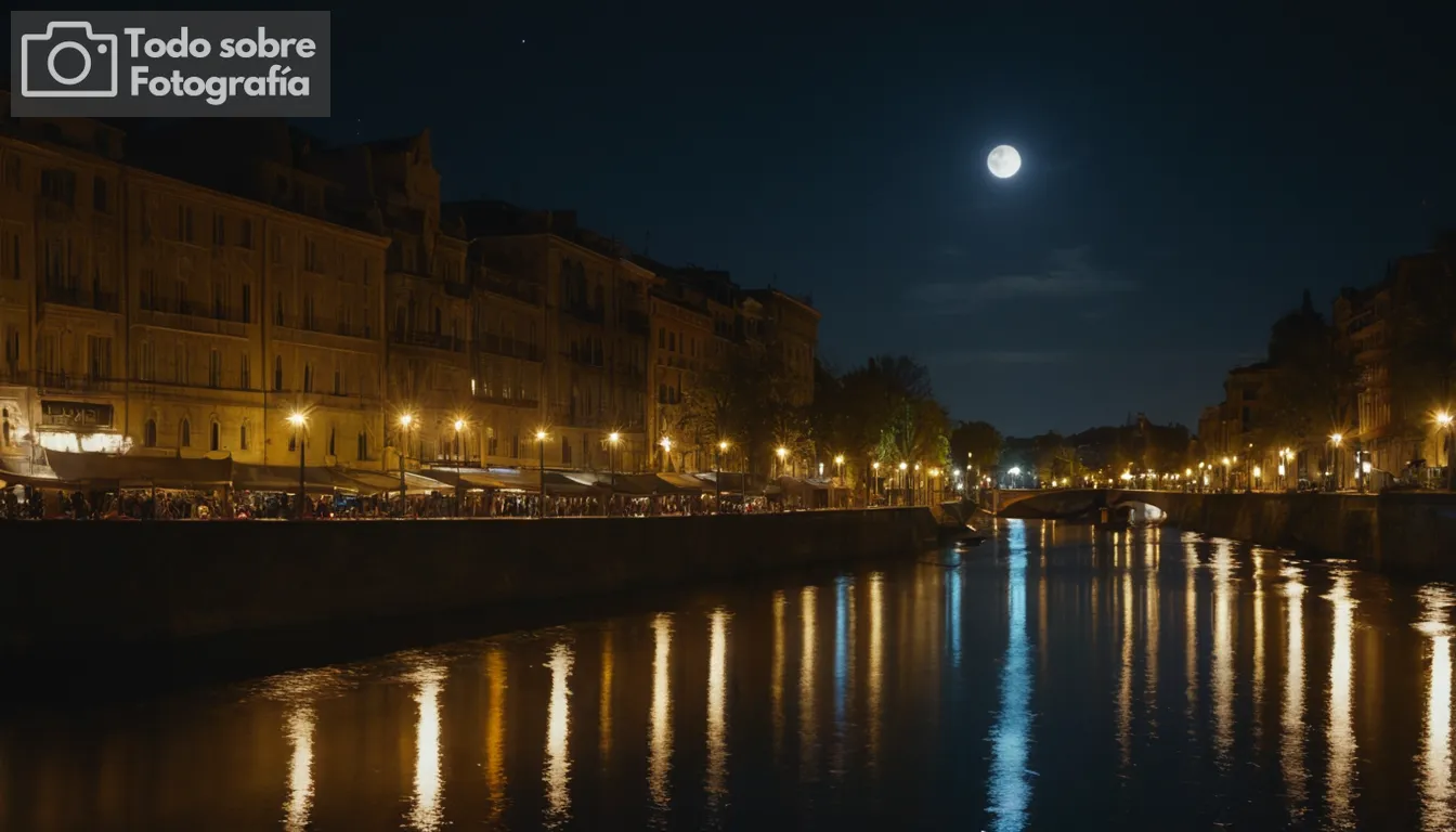 impresionante cielo nocturno, paisaje urbano iluminado por la luna, colores vibrantes en baja luz, siluetas dramáticas, superficies reflectantes de agua, escena urbana dinámica, paisaje natural bañado en luz de la luna, detalles intrincados capturados con lámparas callejeras, contraste entre zonas oscuras y brillantes