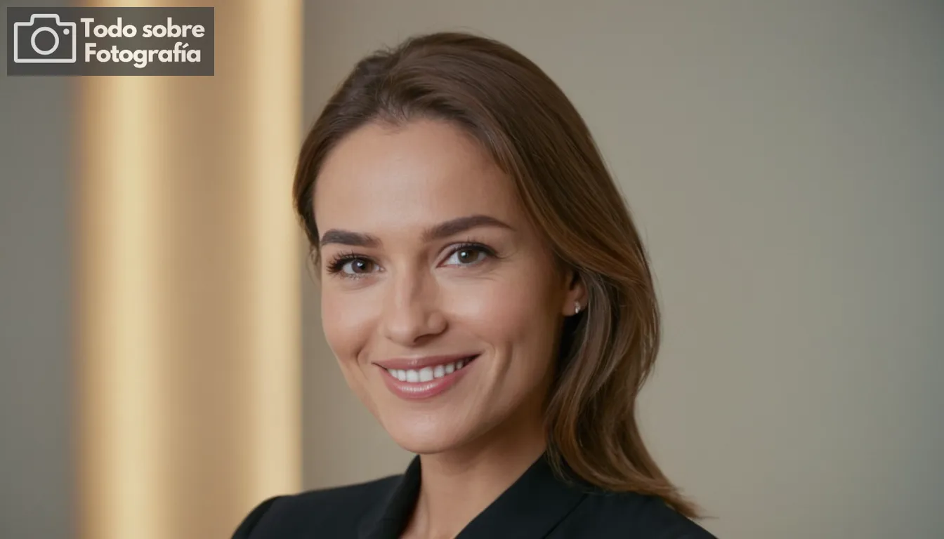 mujer sonriendo con confianza frente a una cámara, elegante atuendo y fondo profesional, lenguaje corporal dinámico y postura relajada, expresión sutil que refleja la compostura natural, contacto visual atractivo con el espectador, fondo que sugiere estudio de fotografía o entorno corporativo