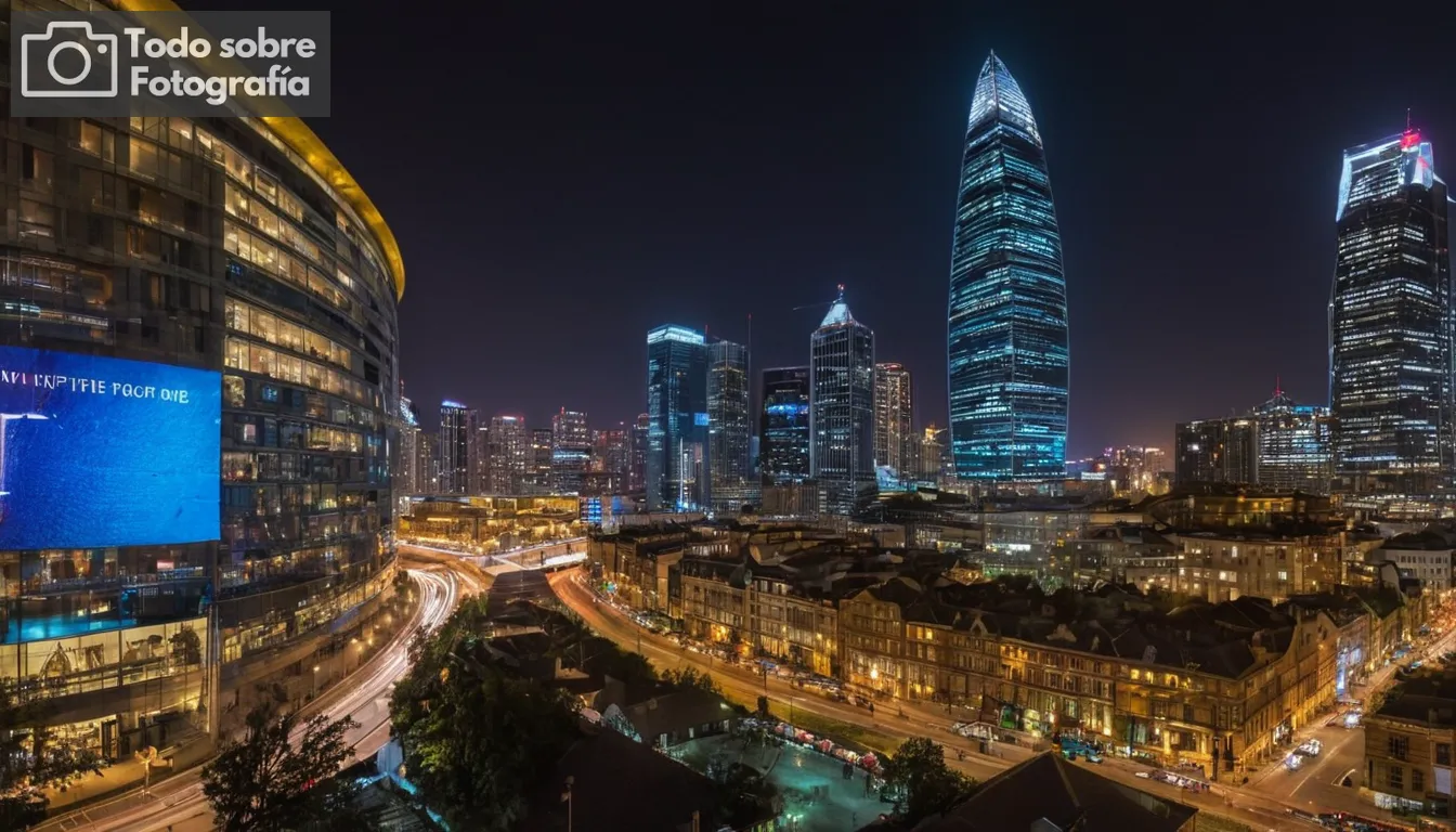 Paisaje urbano por la noche, colores vibrantes e iluminación, claridad de alta definición, diversas estructuras arquitectónicas, elegantes elementos de diseño moderno, varios edificios bancarios en foco, amplia gama de estilos de construcción, vista panorámica, ambiente callejero bullicioso, siluetas de actividad nocturna, composición minimalista limpia