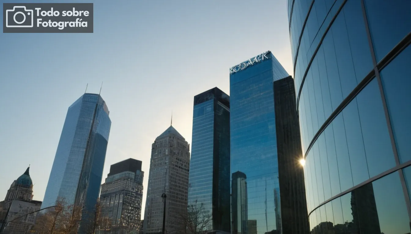 diversos edificios bancarios, arquitectura moderna, fachadas de vidrio, imágenes de alta definición, líneas limpias, vistas expansivas de paisaje urbano, cielos azules vibrantes, reflejos en ventanas, siluetas de skyline icónicas, exteriores soleados, detalles cautivadores