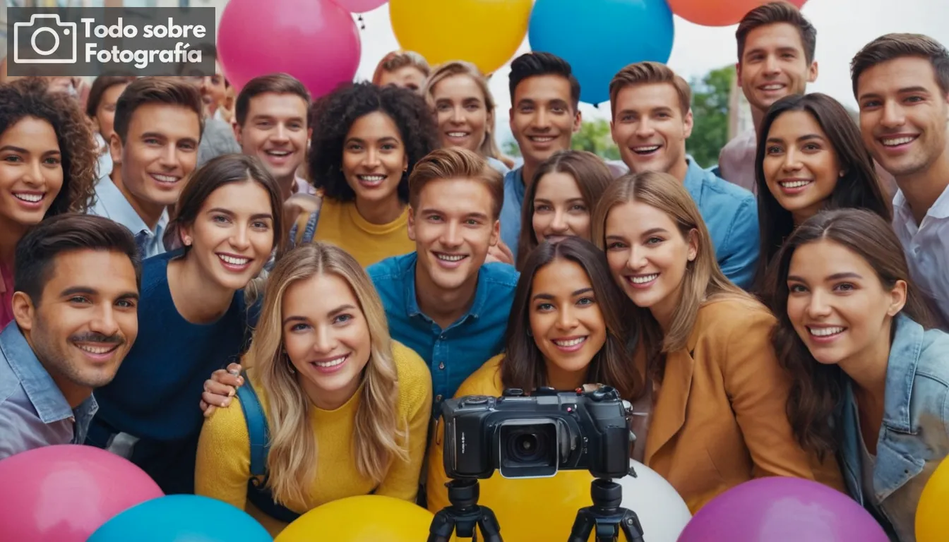 Imagen portada de una foto de grupo con diversas personas sonriendo, colores vibrantes salpicados a través de fondos, varias cámaras exhibidas en trípodes, acercamientos de diferentes fotografías en marcos, señalización promoviendo el acceso gratuito de banco de fotos