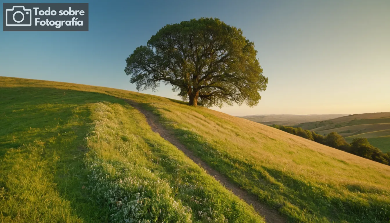 verdes colinas onduladas, lente de gran angular, iluminación suave, cielo azul claro, elemento de primer plano como una roca o árbol, líneas líderes a través del paisaje, equilibrio de composición, percepción de profundidad, belleza natural enfatizada, colores vibrantes, amanecer o escena del atardecer, vista impresionante