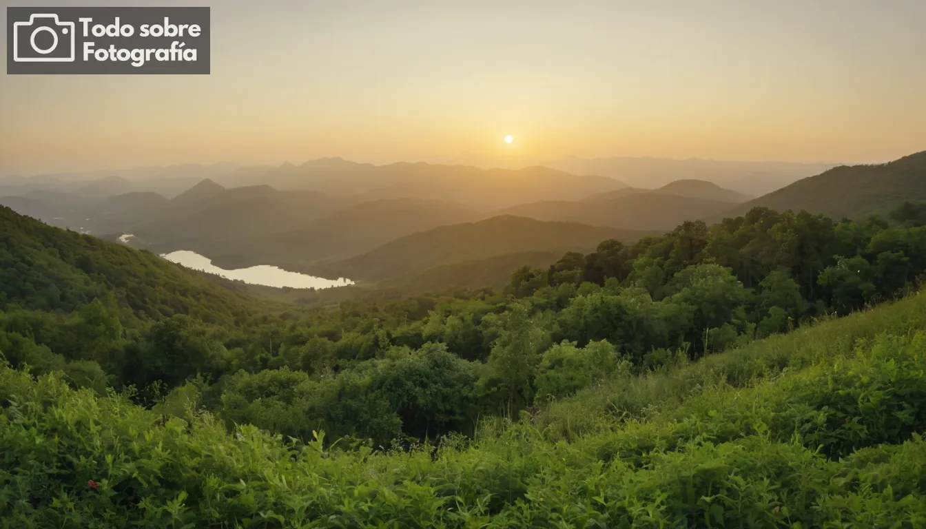 Salida del sol sobre montañas, colinas rodantes cubiertas de vegetación, una vista panorámica de la naturaleza, siluetas de vida silvestre contra el horizonte, capas de bosques que crean profundidad, reflexión sobre la superficie del agua, diversos paisajes que se mezclan perfectamente, colores vibrantes potenciando la escena