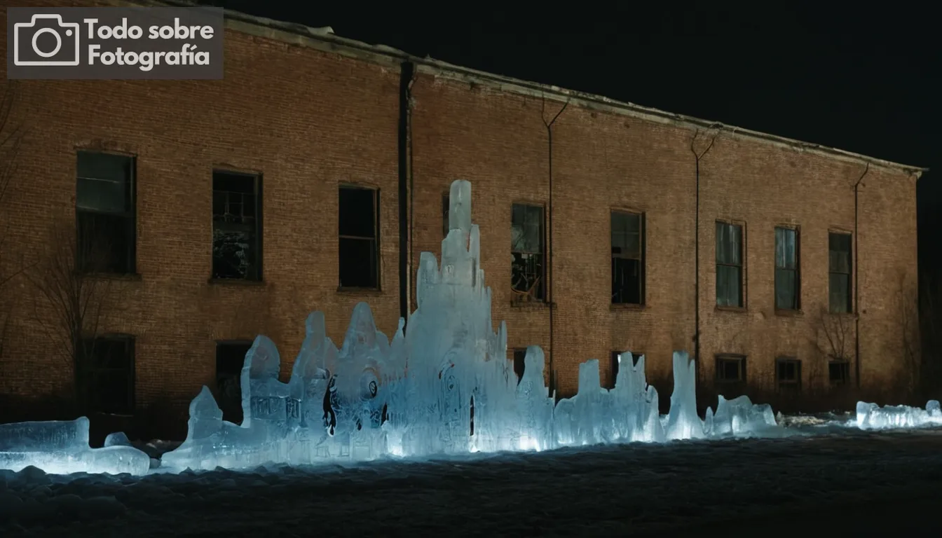 Luz de luna crescente que refleja esculturas de hielo, siluetas en movimiento cerca de una pared de fábrica abandonada, ruido de fondo sutil audible a través de labios formando palabras no visibles, brisa escalofriante hojas que causan marionetas de sombra en la superficie de tierra, ramas cubiertas de hielo creando patrones complejos de formas oscuras y ligera