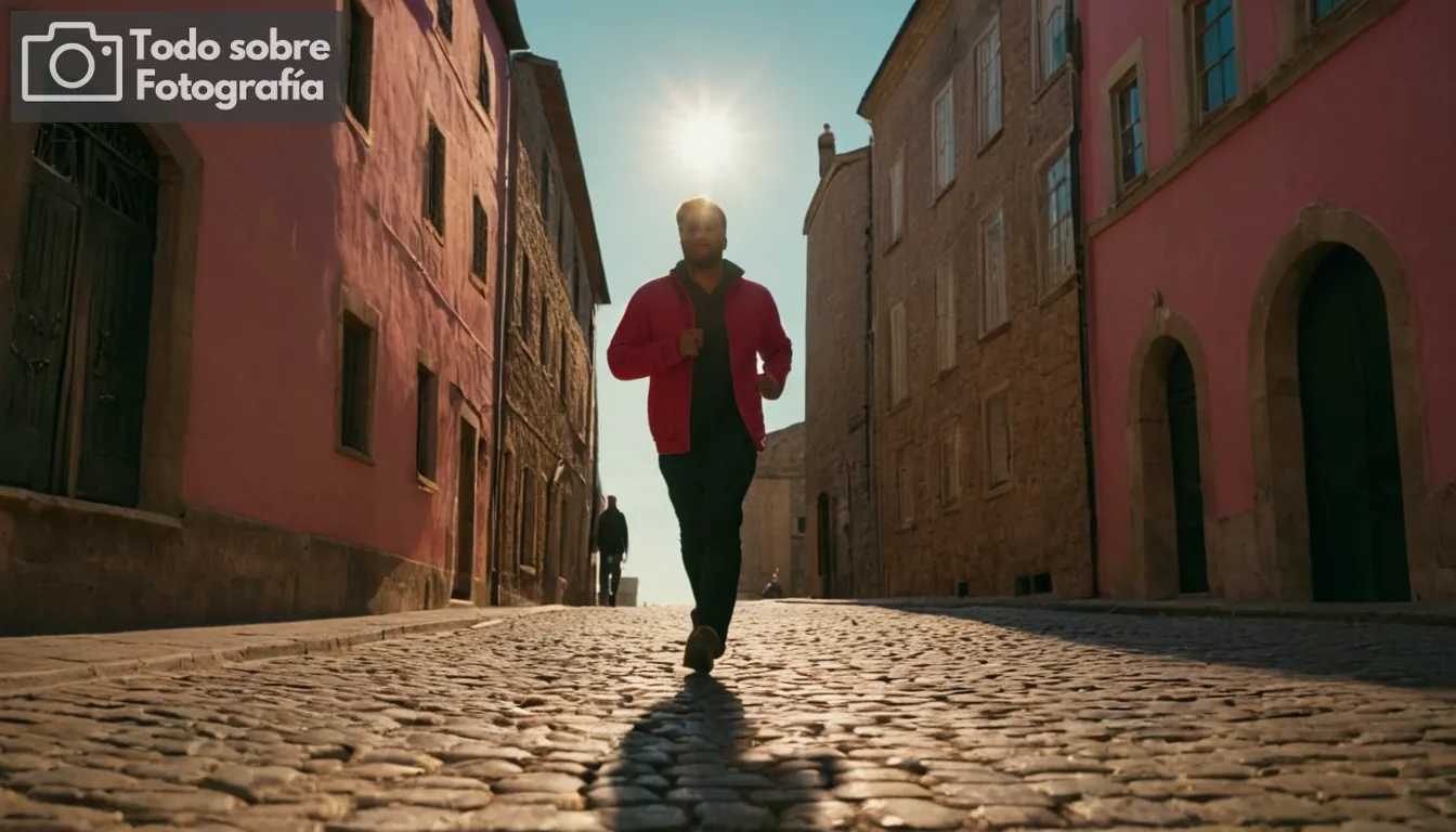 - Un hombre en la calle adoquinada - Sombras que se extienden hacia los edificios como conjuntos de sol - Cielo claro con naranjas vibrantes y rosas - sonidos urbanos ocupados débilmente audible - Ropa detallada texturas visibles - Iluminación estratégica creando contraste entre la figura y el fondo - Enfócate en los temas que transmiten emoción