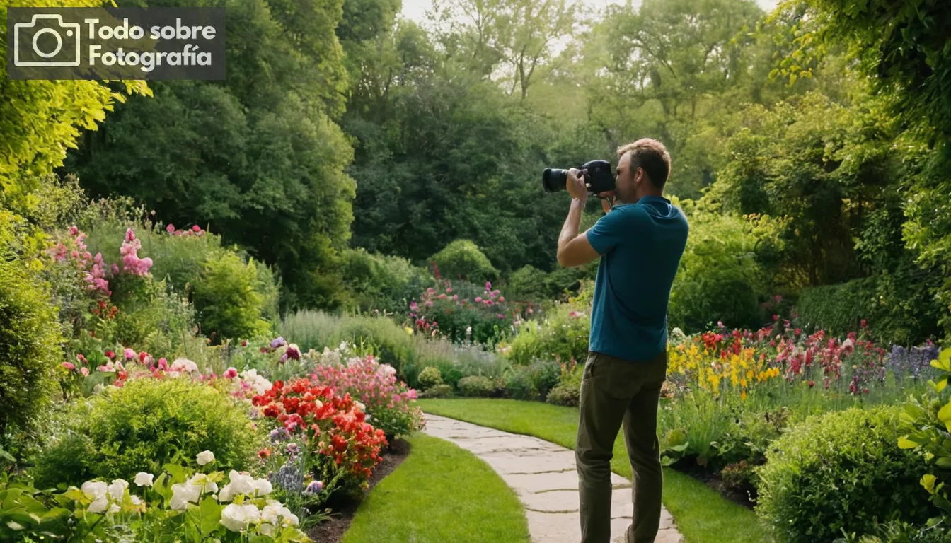 Un fotógrafo de pie en medio de un jardín exuberante, sosteniendo una cámara cerca de sus ojos mientras apuntan a florecer flores; colores vibrantes y luz natural dominan la escena; elementos como sombras y textura son prominentes en follaje; composición dinámica con líneas líderes que guían el ojo del espectador hacia el punto focal