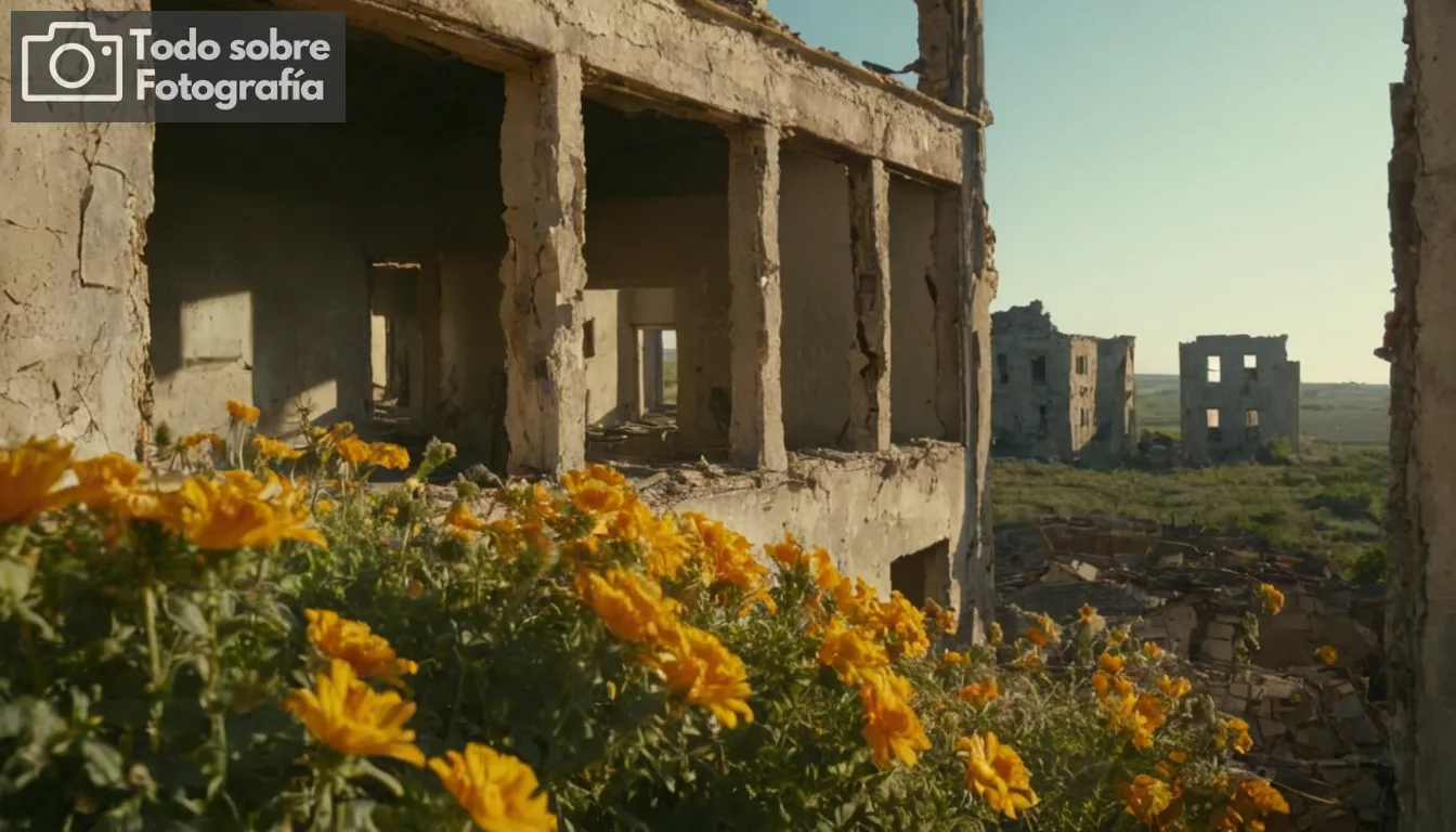 Un fotógrafo con una cámara a nivel de los ojos mirando hacia la distancia, un edificio abandonado en ruinas que refleja la luz del sol a través de ventanas rotas creando sombras y momentos destacados en las caras ocultas dentro, primer plano mostrando capas de polvo y decadencia contrastadas por flores vibrantes empujando su camino a través de grietas