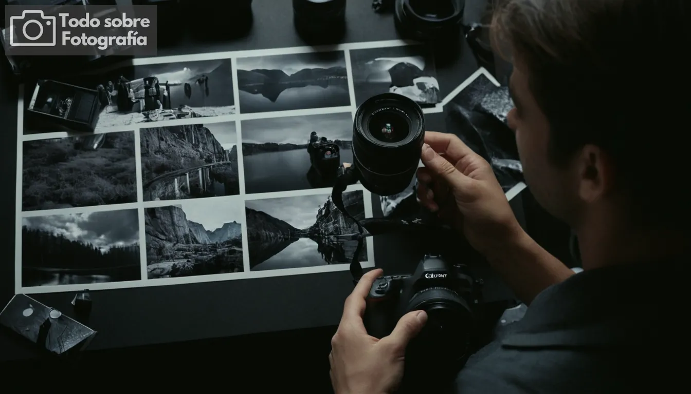 Una persona ajustando la configuración de la cámara, una habitación oscura con múltiples fuentes de luz, diferentes impresiones de fotos en blanco y negro en pantalla, manos con herramientas de fotografía como lentes o filtros, ángulos creativos en composición, sombras y contrastes, inspirando curiosidades visuales como espejos o texturas