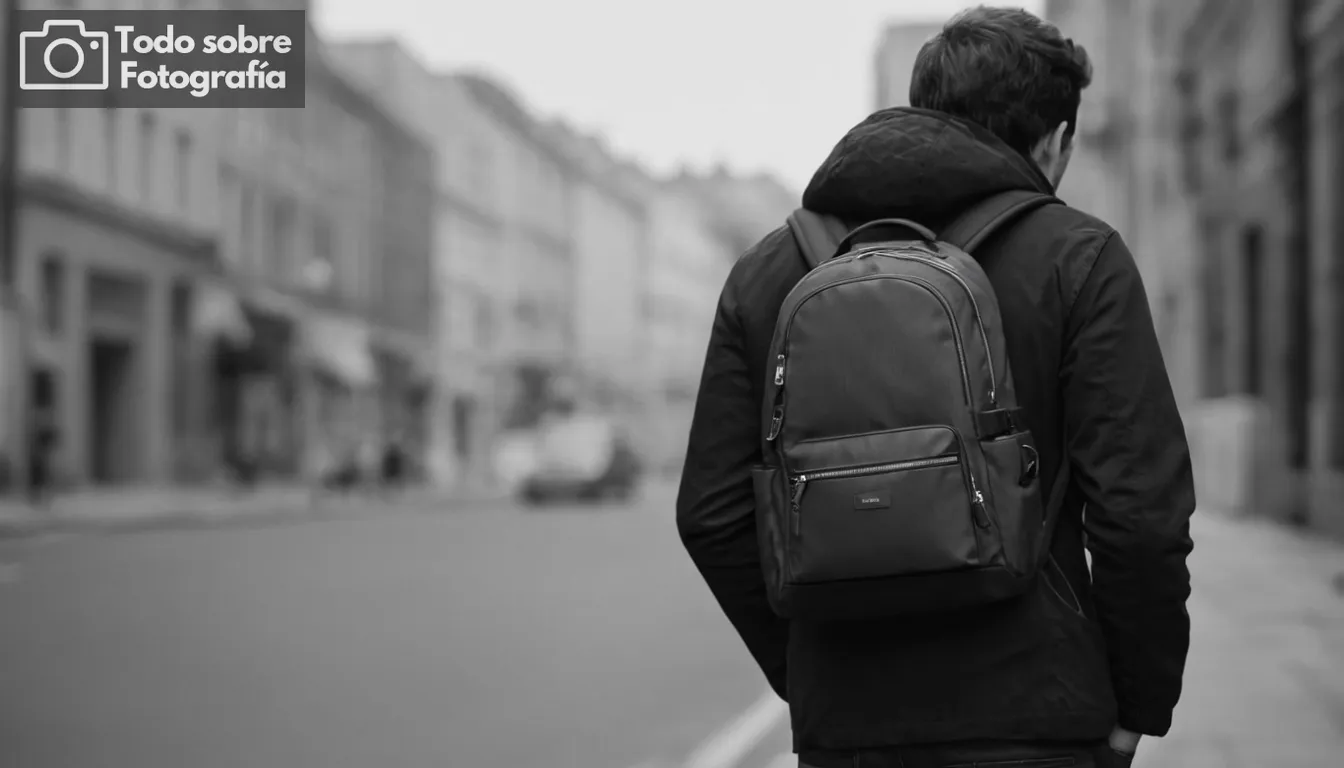 retrato de una persona con cámara, paisaje urbano en blanco y negro, mochila elegante, dispositivo elegante en la mano, expresión enfocada en la cara, ambiente sereno, entorno moderno