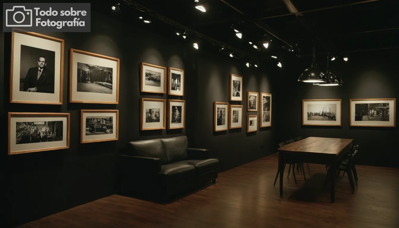 moderno estudio de fotografía, ambiente de habitación oscura, grandes fotografías en blanco y negro en exhibición, marcos de fotos de madera, accesorios de iluminación de techo, manos de artistas ajustando la configuración de la cámara, sujeto enfocado en detalles agudos, superficies reflectantes, sombras contrastantes y destacados