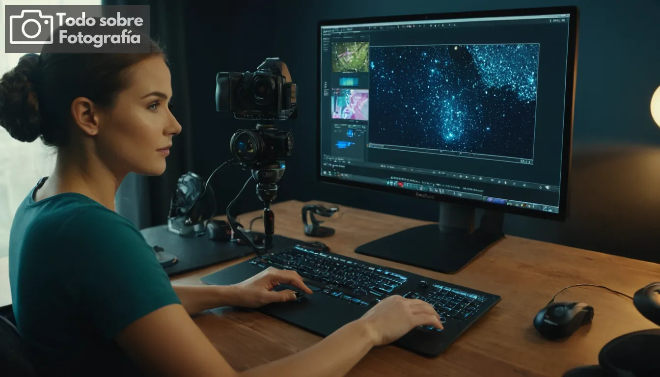 Fotógrafo en acción, cámara digital, pantalla de computadora que muestra la interfaz AI, herramientas de software de edición, colores vibrantes, sujeto focal claro, ajuste de estudio profesional, aspecto detrás de escenas, visualización de eficiencia de flujo de trabajo