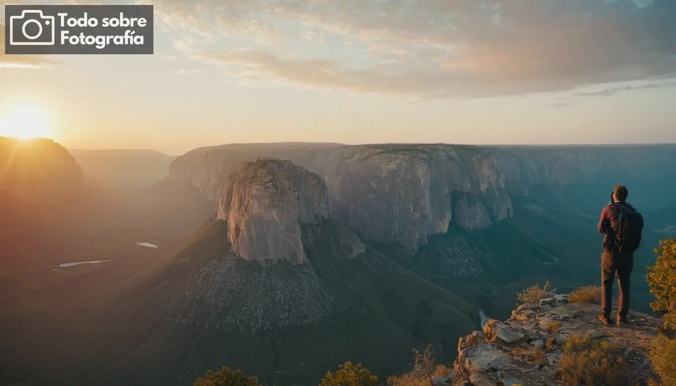 Imagen de cubierta con fotógrafos de renombre mundial, paisajes vibrantes, tecnología de IA futurista, imágenes de alta resolución, entornos culturales diversos, equipos de fotografía innovadores, escena visualmente dinámica, paleta de colores atractiva, elementos de diseño elegante, fondo minimalista