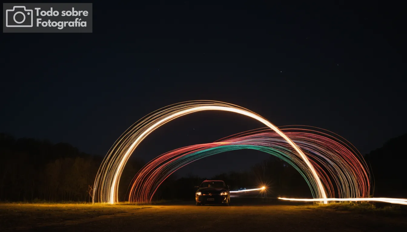 pinturas de luz en acción, coloridas rayas y patrones, entorno nocturno, un fondo oscuro, un artista con equipo listo, diversos objetos iluminados por senderos de luz