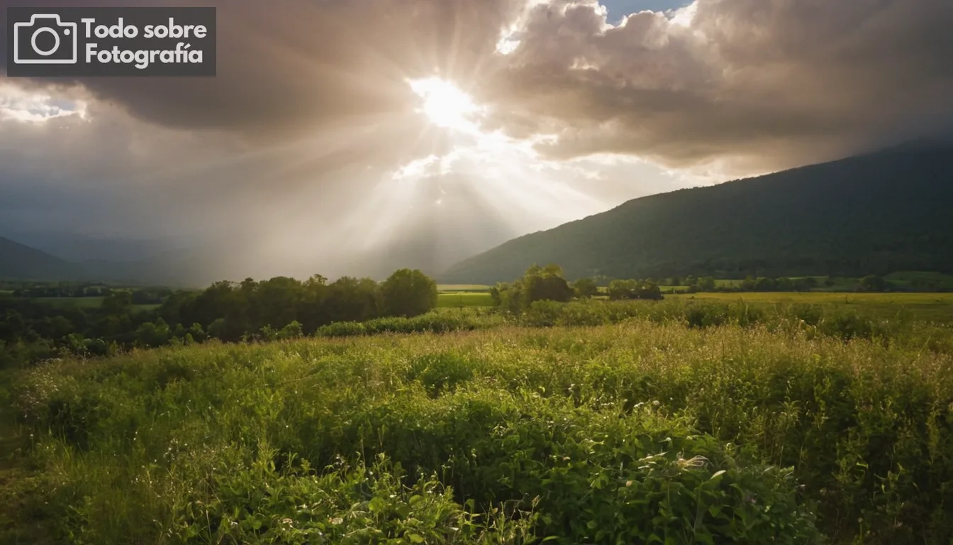 rayos solares filtrando a través de nubes, paisaje iluminador difundido de luz, equipo de fotografía al aire libre, escena natural con colores vibrantes, fotógrafo manteniendo cámara estable, humor inspirador para la creatividad en la fotografía