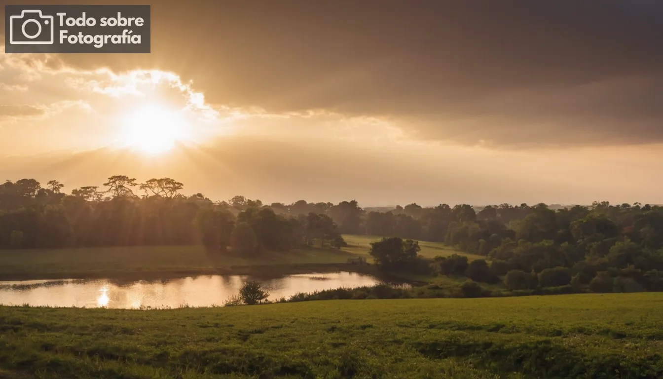 rayos solares filtrando a través de nubes, iluminación suave en el paisaje, tonos cálidos y efecto novato, contraste de silueta en sombras, brillo difundido natural, entorno exterior pacífico, atmósfera etérea, iluminación suave