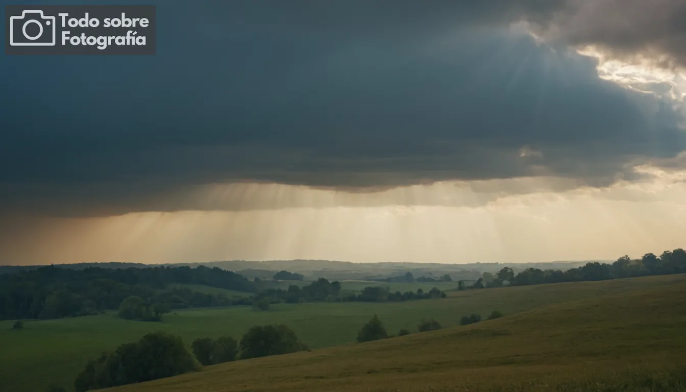 rayos solares filtrando a través de nubes, iluminación natural suave, tonos cálidos, sombras sutiles y relieves, gradientes suaves, atmósfera etérea, paisaje cautivador, elementos de la fotografía de la naturaleza, técnicas de composición creativa, efectos de iluminación difundidos, ambiente mágico