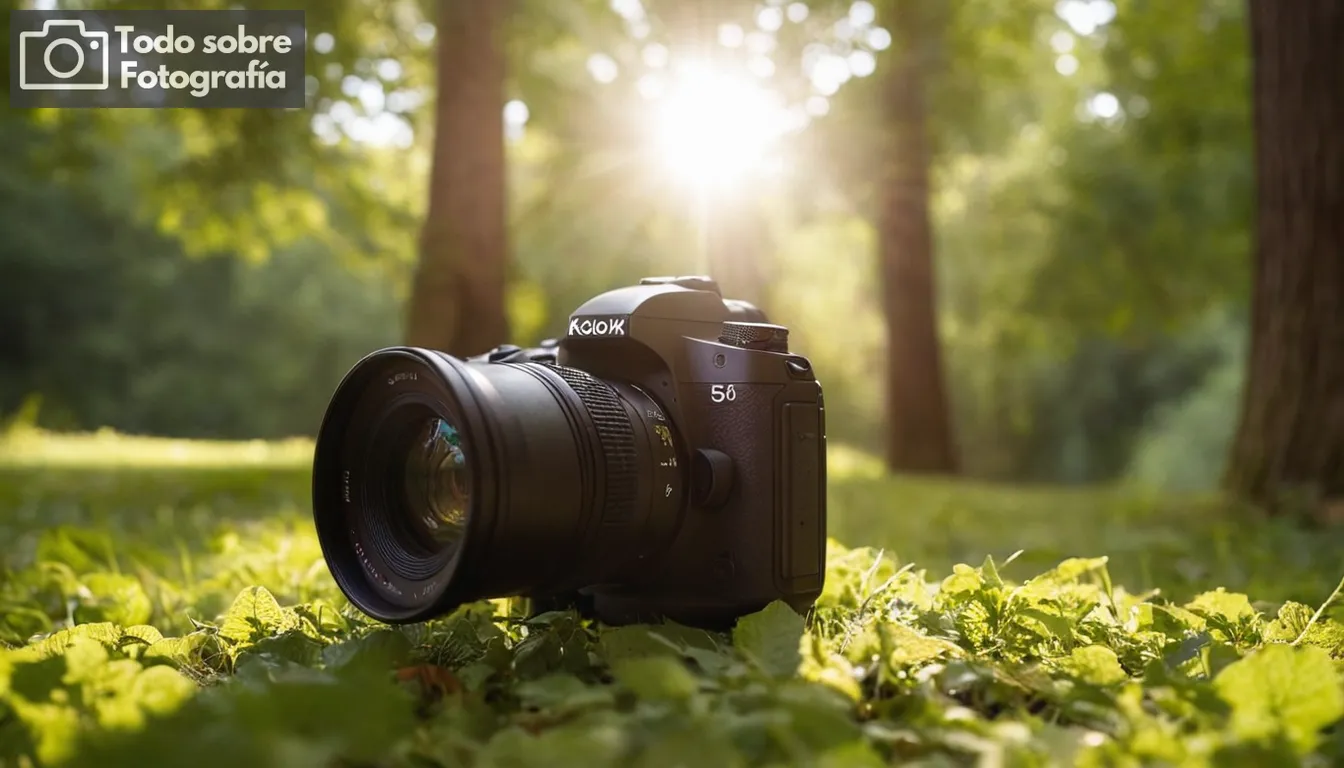 Una fotografía de alta calidad, enfoque cercano, ambientación al aire libre, paisaje, varias lentes de cámara exhibidas, destacando una lente de 50 mm específicamente, luz solar brillante filtrando a través de árboles, imágenes detalladas de las características y beneficios de las lentes de 50 mm, visuales atractivas capturando la esencia del entusiasmo fotográfico