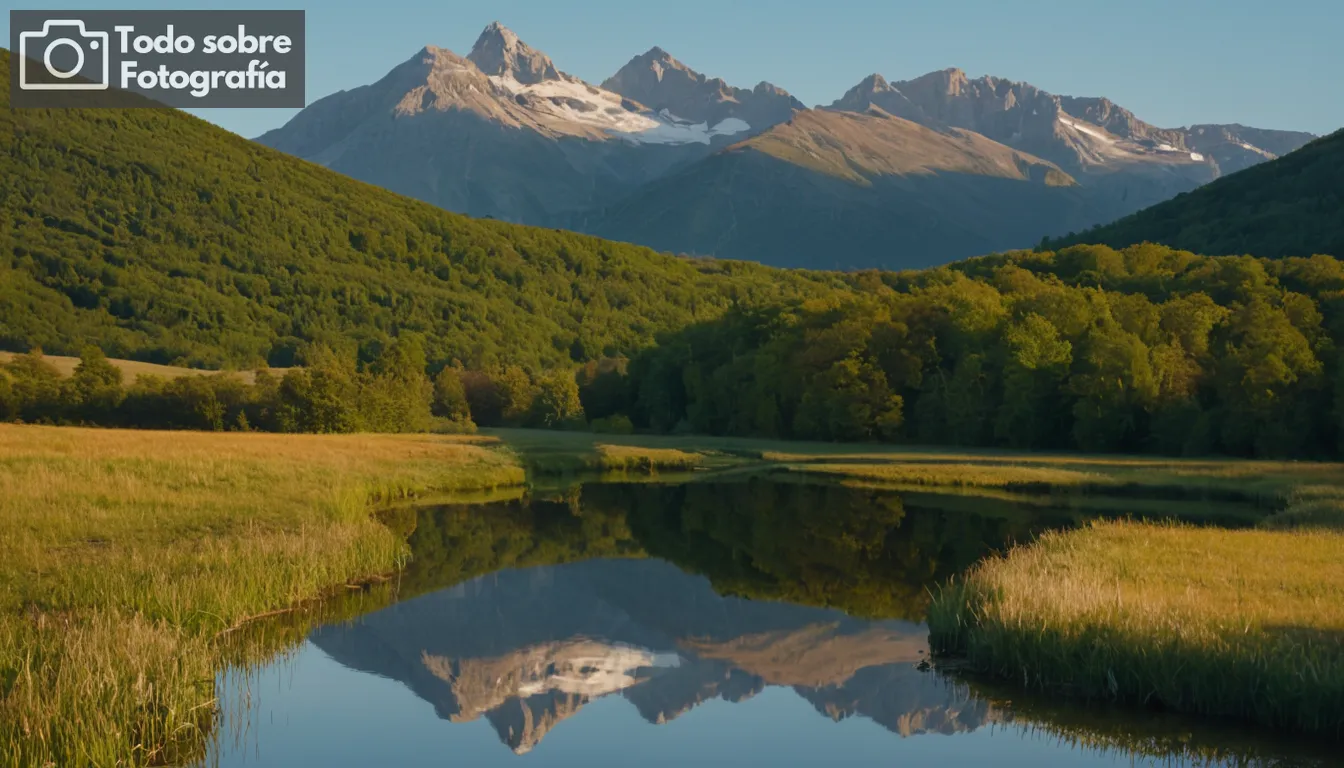 paisaje montañoso, lente de gran angular, cielos claros, fauna diversa, colores vibrantes, iluminación natural suave, perspectiva profunda, vista expansiva, fondo y fondo detallados, reflejo del agua, cambios estacionales, configuración óptima de la cámara, imagen de alta resolución, composición estética