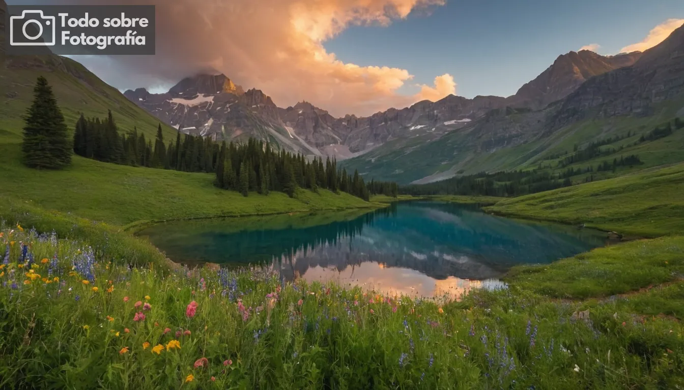 Cielo irisado al amanecer, montañas torrentes en silueta, lago tranquilo que refleja picos, flores silvestres vibrantes a lo largo de un sendero, cielos azules claros con nubes dispersas, exuberantes valles verdes que se extienden a la distancia