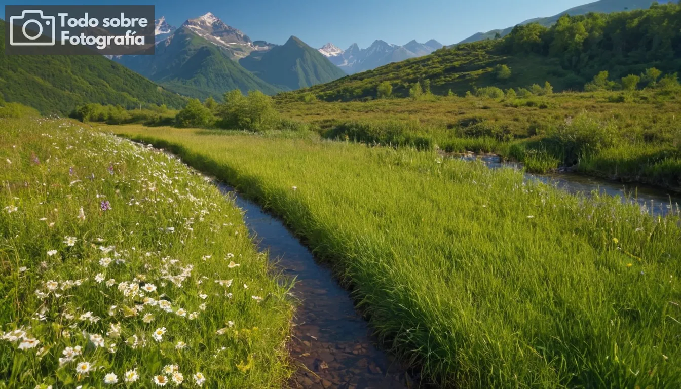 Green mountain range in sunlight, clear blue sky, dew-covered grass, sharp distant peaks, wide river reflection, vibrant flowers along pathway, dense forest with varying foliage, tripod set up for stable shot, impressive landscape vista, natural lighting enhancing detail and textura