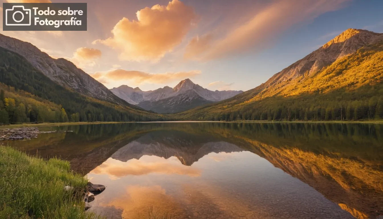 Impresionante paisaje de montaña, colores vivos y contrastes, lente de ángulo amplio, vista panorámica, ambiente tranquilo, diversas características del terreno, cielo expansivo, iluminación de hora dorada, reflejo del agua, equilibrio de composición, percepción de profundidad, elementos de primer plano destacados