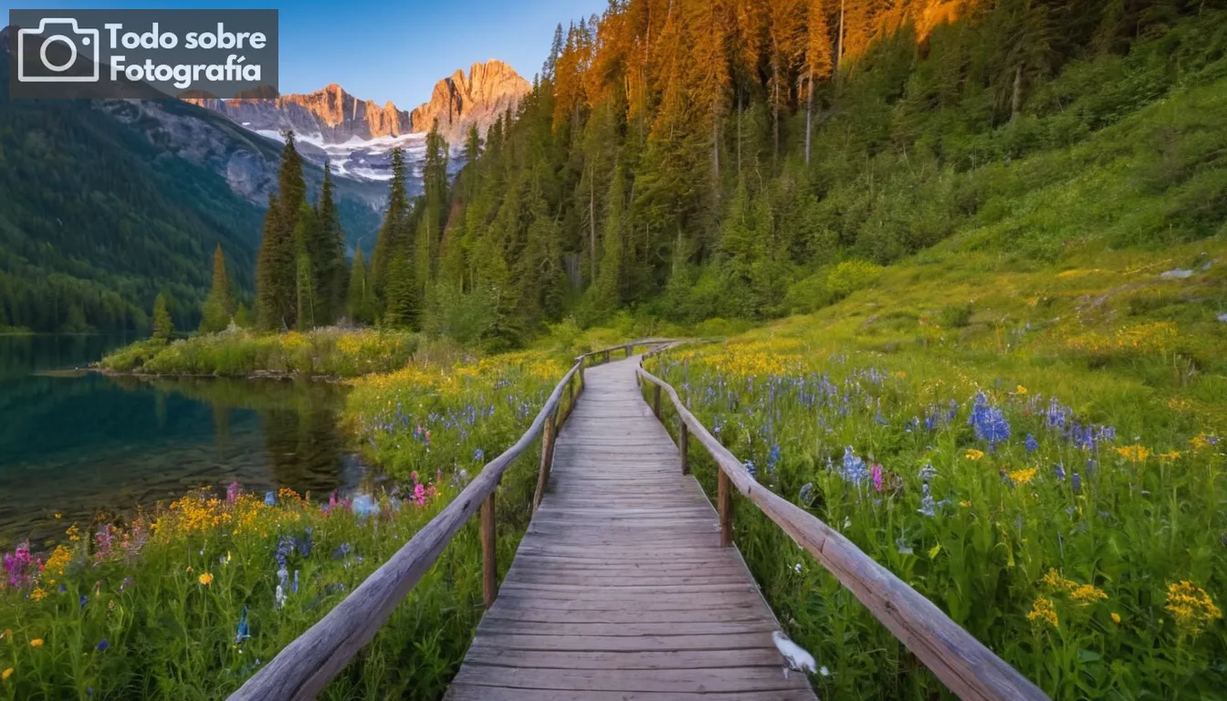 picos de montaña verdes, reflejo del lago sereno, flores silvestres vibrantes, majestuosas cascadas, árboles imponentes, cielo azul claro, impresionante amanecer, montañas cubiertas de nieve en invierno, denso bosque canopy, diversas especies de aves, puentes de madera rústicos, paisajes de crepúsculo, caminos de valle ocultos, exuberante bosque lluvioso ambiente