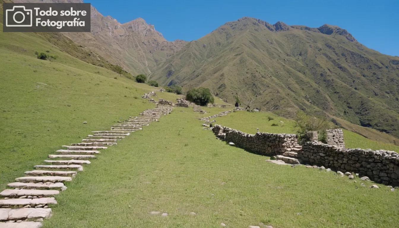 Caminos y pasos de piedra, montañas verdes exuberantes, ruinas antiguas, fauna diversa, impresionantes vistas, cielo azul claro, patrimonio incano, significado cultural, entusiastas trekking, espíritu aventurero, paisajes fotogénicos, majestuoso paisaje