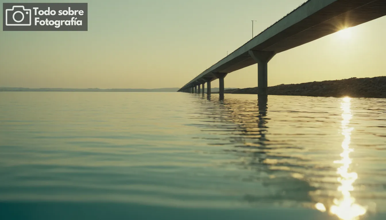 Tema de retrato, composición de primer plano, líneas líderes convergen en un punto, superficie de agua reflectante, paisaje natural con línea de horizonte, disposición de patrón abstracto, elemento focal de diseño interior, detalles arquitectónicos destacados por líneas de perspectiva, contrastes de colores vibrantes, efecto de profundidad dramático