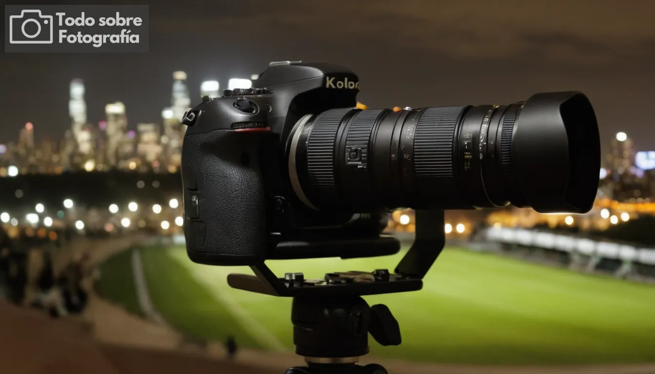 Fotógrafo profesional con cámara DSLR negra, claraboya de la ciudad por la noche, plano de una cámara de alta tecnología, panorama amplio, secuencia de acción en fotografía deportiva, retrato de grupo realizado durante un evento, efectos dinámicos de iluminación que muestran las capacidades de las cámaras, diseño elegante y tamaño compacto de las cámaras modernas