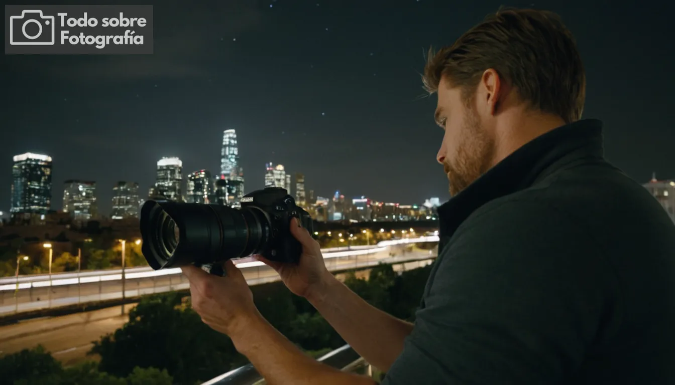 un hombre sosteniendo una cámara, ciudad skyline por la noche, estrellas apareciendo sobre edificios, cámara lenta, capturando el paso del tiempo, rachas y senderos ligeros en video, vista de ángulo amplio, escena urbana tranquila