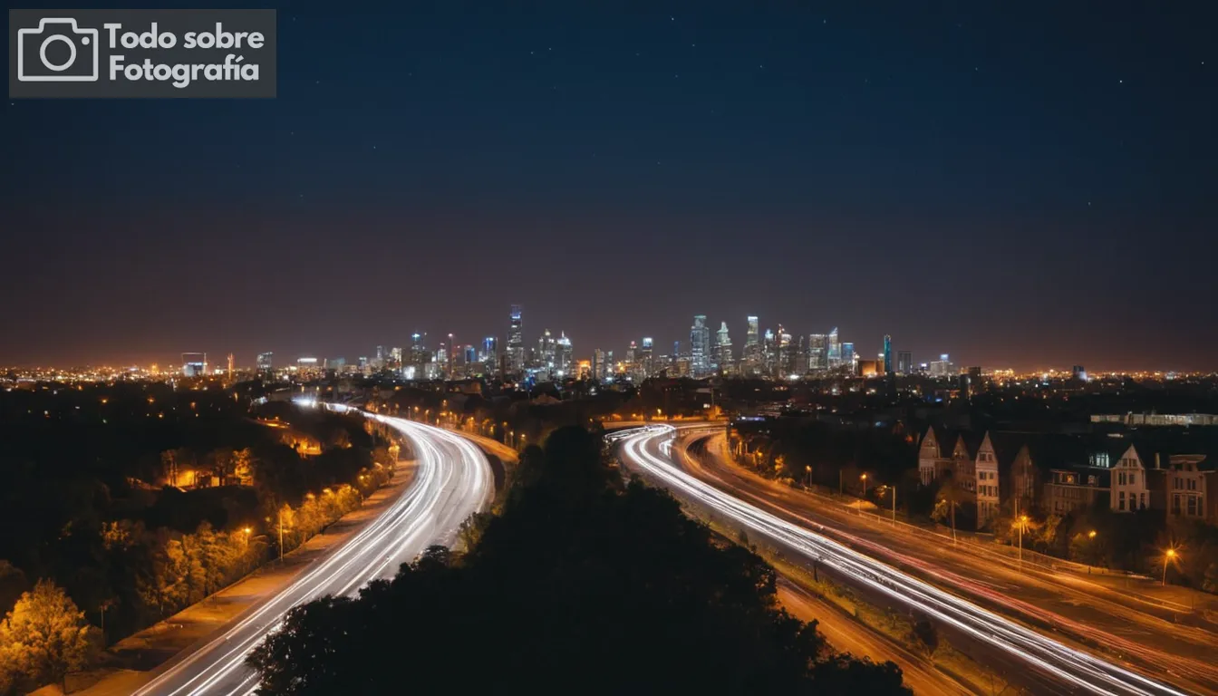 Paisaje urbano al atardecer, cambio de temporadas transición, movimiento de vehículos capturados marco por marco, silueta de skyline ciudad contra un fondo, larga exposición fotografía nocturna, capturar el efecto de lapso de tiempo con estrellas en la distancia